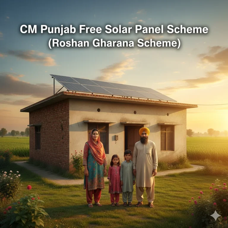 CM Punjab Free Solar Panel Scheme Roshan Gharana Scheme rooftop solar panels installed on small house in Punjab with happy family benefiting from free solar system