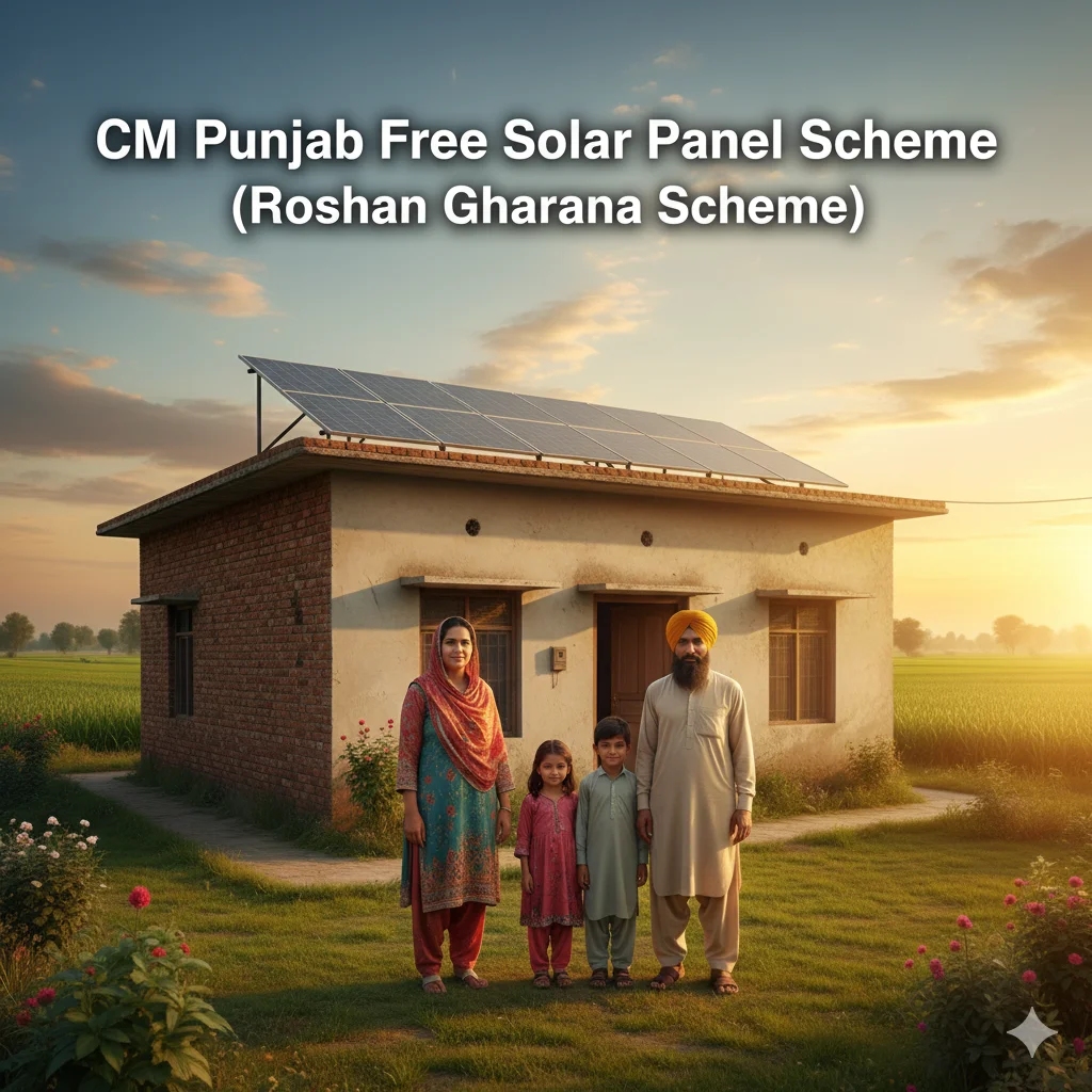 CM Punjab Free Solar Panel Scheme Roshan Gharana Scheme rooftop solar panels installed on small house in Punjab with happy family benefiting from free solar system