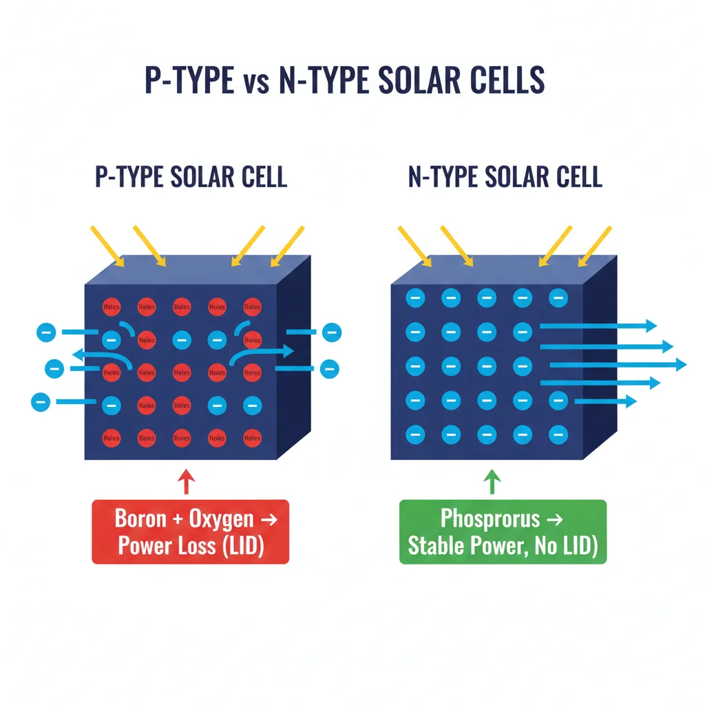 Difference Between N-Type vs P-Type Solar Panels 2 Detailed internal working of P-Type and N-Type solar cells showing boron holes, phosphorus electrons, and LID effect