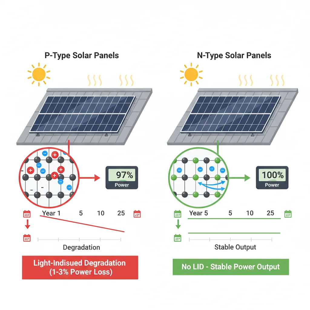 Difference Between N-Type vs P-Type Solar Panels 3 Visual explanation of LID impact on P-Type solar panels versus stable N-Type panels over time
