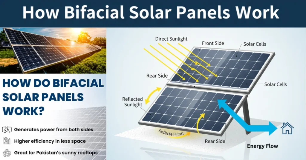 How a Bifacial Solar Panel works with front and rear-side sunlight absorption.