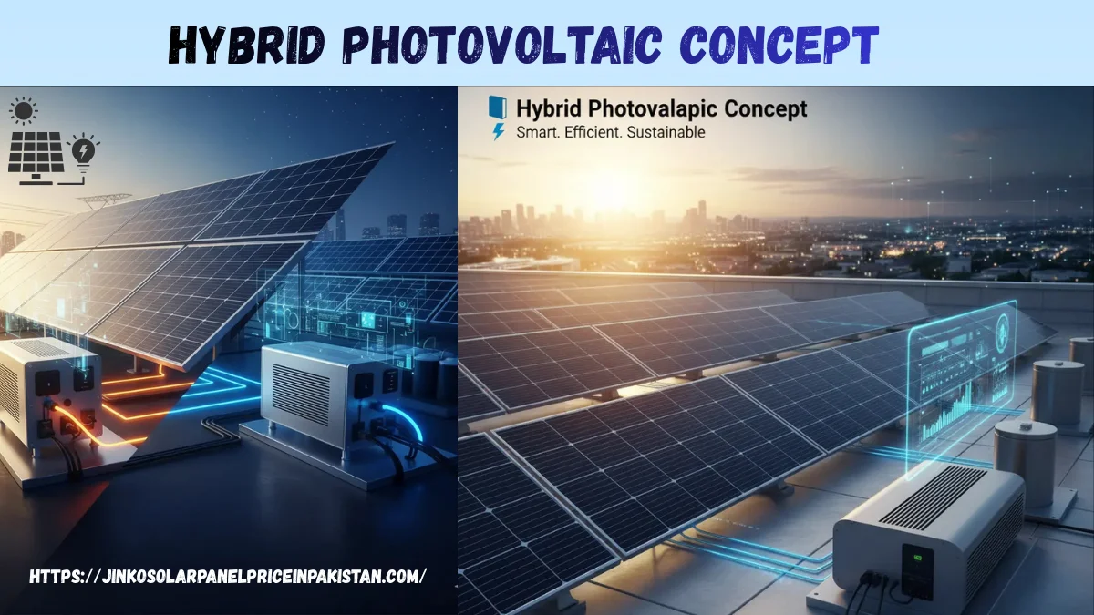 Hybrid Photovoltaic Concept showing advanced solar panels and smart hybrid energy systems for sustainable power generation.