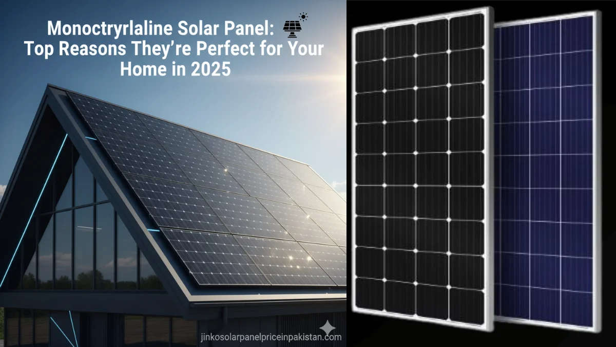 Monocrystalline solar panels installed on a modern house with text highlighting their benefits for home use in 2025.