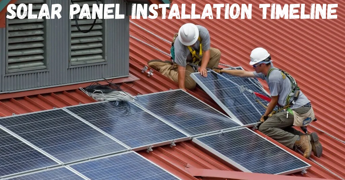 solar panel installation timeline showing workers installing panels on factory roof