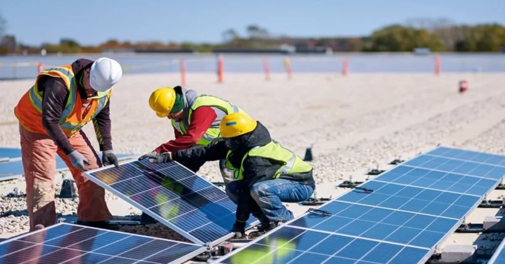 solar panel installation timeline with workers installing panels on sandy seaside land