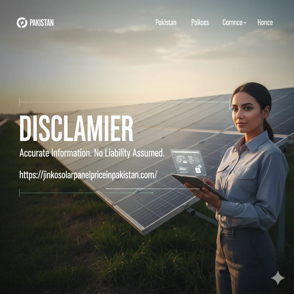 Pakistani solar engineer standing in a solar farm with large DISCLAIMER heading and website URL, related to solar panel price in Pakistan information page.
