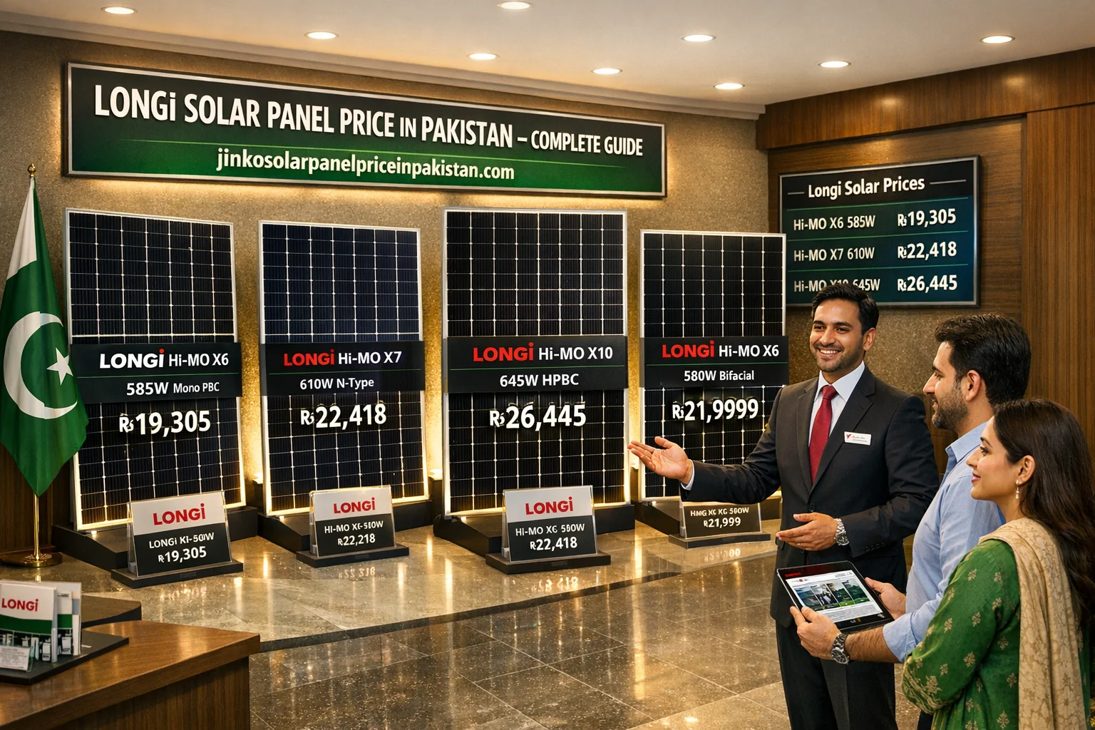 Longi Solar showroom in Pakistan displaying Hi-MO X6 585W, Hi-MO X7 610W, Hi-MO X10 645W and 580W bifacial panels with updated prices and professional solar dealer guiding customers