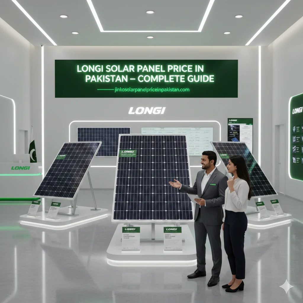 A modern Longi Solar exclusive showroom in Pakistan featuring Hi-MO X6, X7, and X10 solar panels on display with transparent price tags. A professional dealer is explaining the 645W HPBC Bifacial panel to a Pakistani couple.
