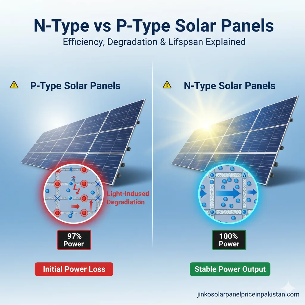 N-Type vs P-Type solar panels comparison showing efficiency, degradation, and lifespan differences