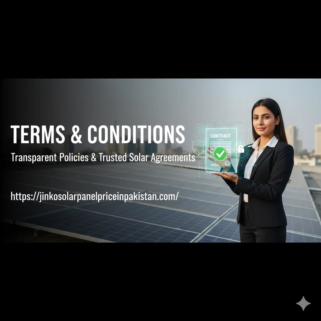 Pakistani business professional on rooftop solar installation holding digital contract tablet with large Terms & Conditions heading related to solar panel price in Pakistan.