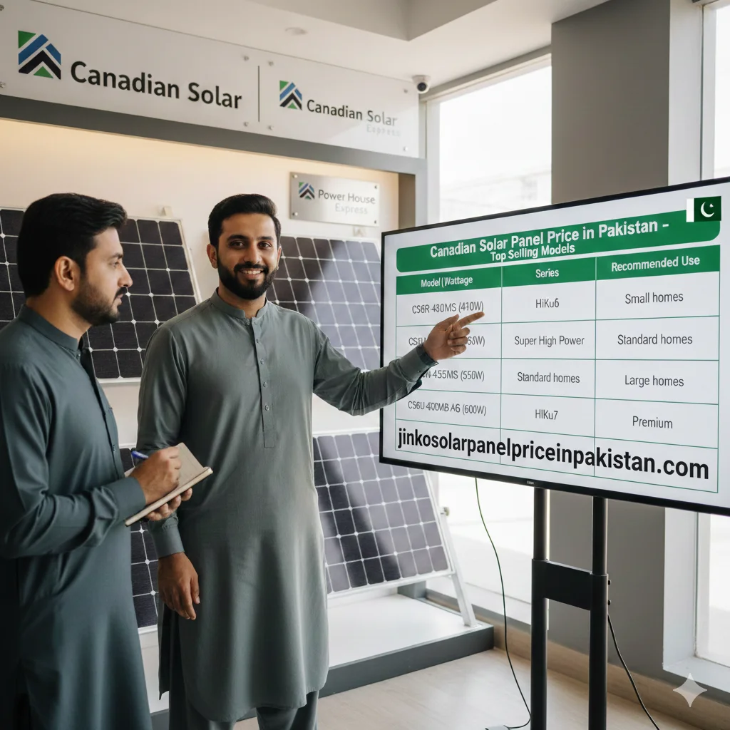 Canadian Solar dealer in Pakistan explaining top-selling models with price table on tablet to a couple. Professional consultation for 410W to 670W solar panels for homes, commercial, and industrial use.