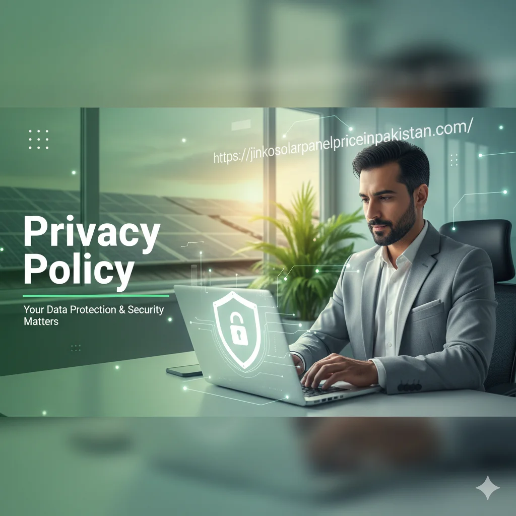 Confident Pakistani business professional working on a laptop in a modern office with solar panels outside, showing a glowing shield and lock icon for privacy and data protection.