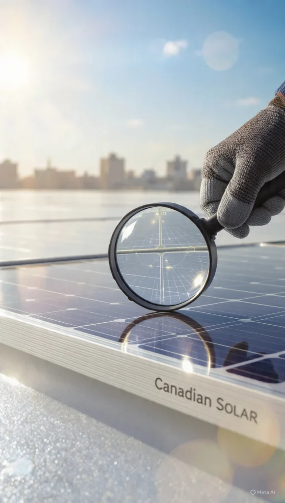 Close-up view of Canadian Solar 585W N-Type TOPCon bifacial solar panel cell structure with technician hand showing half-cut cell design and technology details