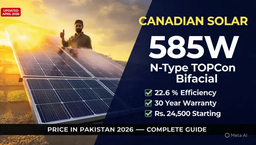 Canadian Solar 585W bifacial N-Type TOPCon solar panel featured image showing panel close-up on Pakistani rooftop with technician, bold title overlay "Canadian Solar 585W Price in Pakistan 2026", technology highlights including 22.6 percent efficiency, 30 year warranty, and starting price Rs. 24500