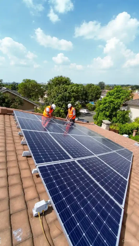 Canadian Solar 585W bifacial solar panels installed in neat rows on a modern Pakistani home rooftop with two professional technicians performing mounting and wiring work