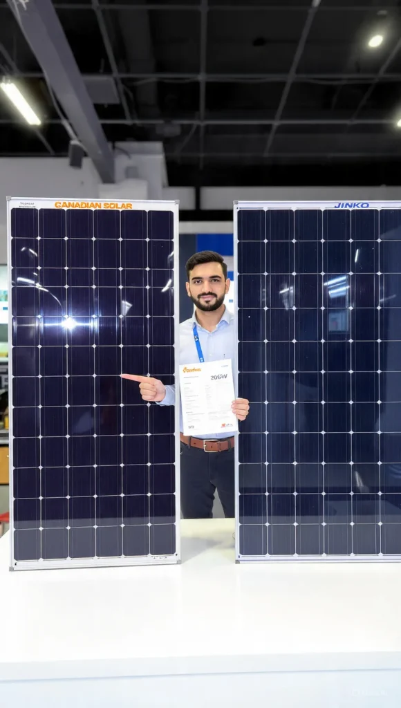 Side by side comparison of Canadian Solar 585W and Jinko 585W N-Type TOPCon bifacial solar panels with dealer pointing at Canadian Solar panel in Pakistani showroom
Canadian Solar 585W Panel Price in Pakistan