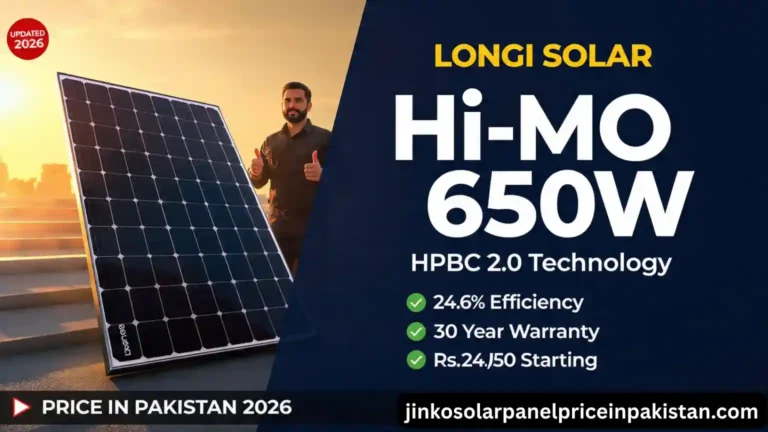 Longi Hi-MO X10 650W Price in Pakistan — Specifications, HPBC 2.0 Technology 8 Longi Hi-MO X10 650W solar panel featured image showing sleek black busbar-free panel on Pakistani rooftop with technician, bold title Longi Hi-MO X10 650W Price in Pakistan 2026, HPBC 2.0 technology highlights including 24.6 percent efficiency, 30 year warranty, and starting price Rs. 24050