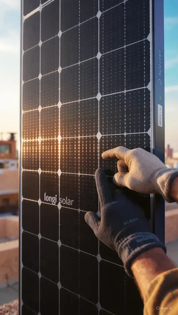 Close-up view of Longi Hi-MO X10 650W HPBC 2.0 back-contact solar cell structure showing busbar-free sleek black surface with technician hand pointing at cell design details
Longi Hi-MO X10 650W Price in Pakistan