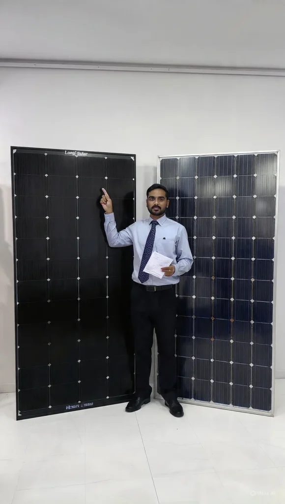 Side by side comparison of Longi Hi-MO X10 busbar-free black panel versus standard TOPCon panel with visible busbars, Pakistani dealer pointing at Longi panel showing efficiency advantage