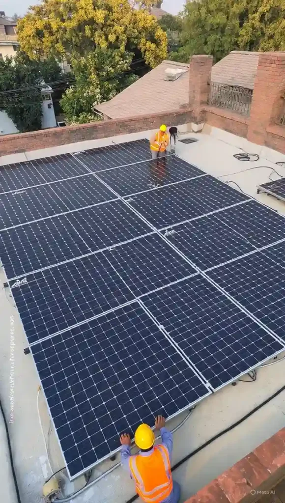 Trina solar panels professionally installed on a residential rooftop in Pakistan with mounting structure and proper spacing