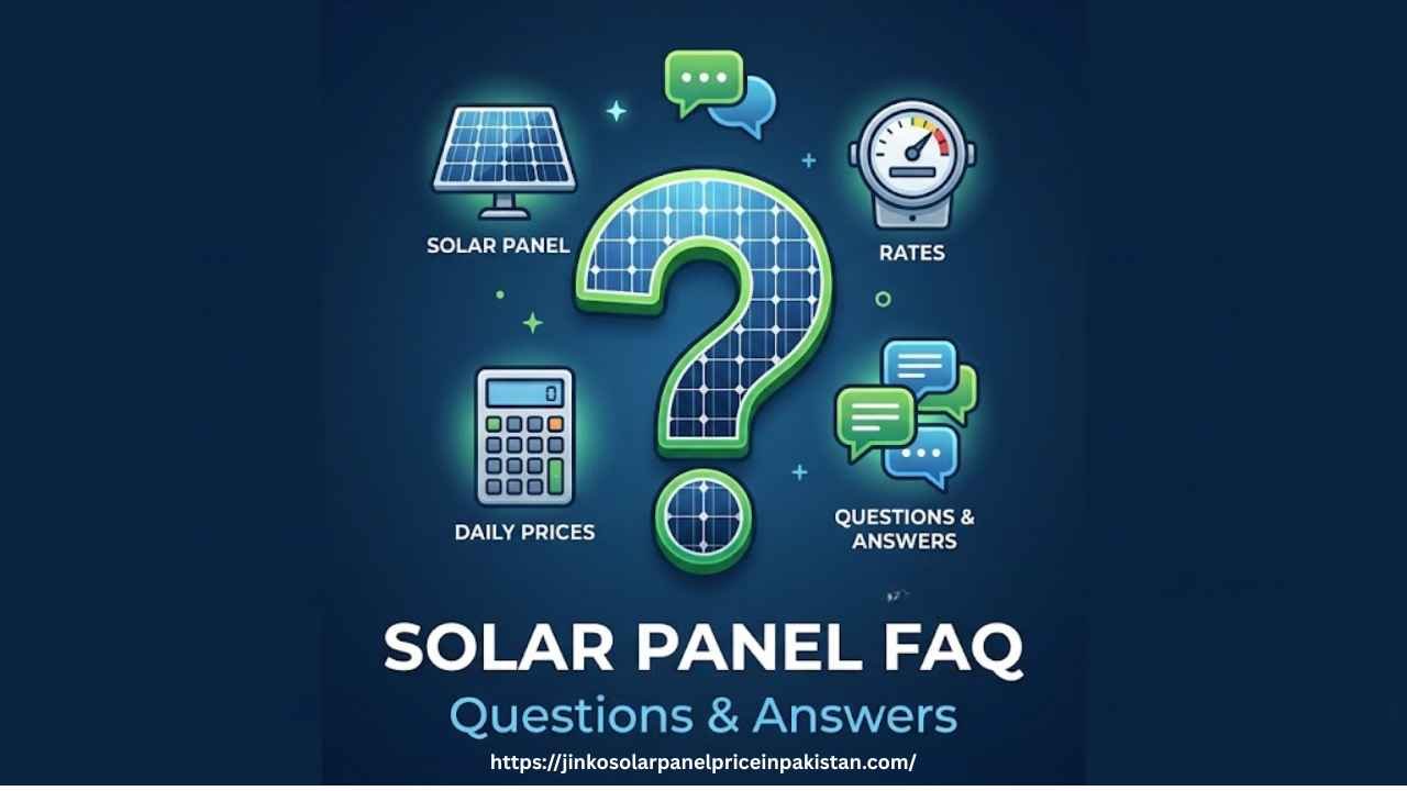 Solar panel FAQ page feature image showing question mark with solar panel calculator electricity rates and questions answers icons