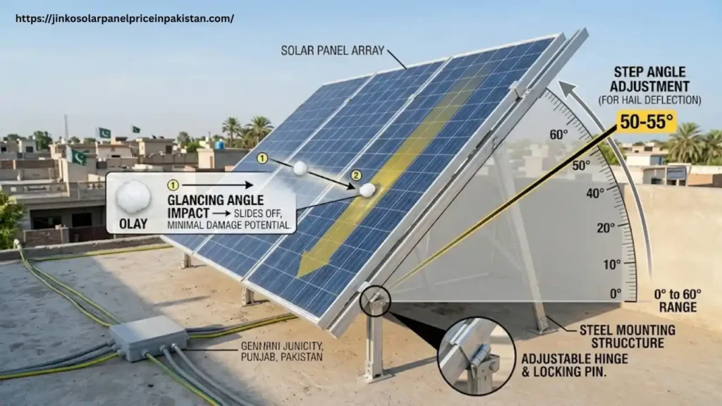Solar panels tilted at steep angle on adjustable mounting structure deflecting Olay hailstones with glancing impact instead of direct hit