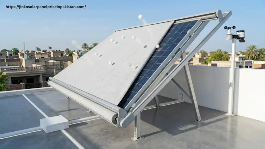 Motorized automated retractable awning extending over solar panels triggered by Olay weather sensor on modern Pakistani rooftop
