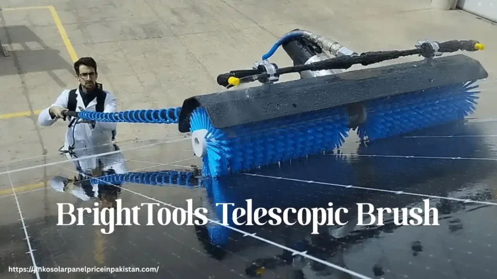BrightTools telescopic solar panel cleaning brush with soft nylon bristles, adjustable pole up to 17 feet, and ON/OFF water valve for rooftop solar panel cleaning in Pakistan