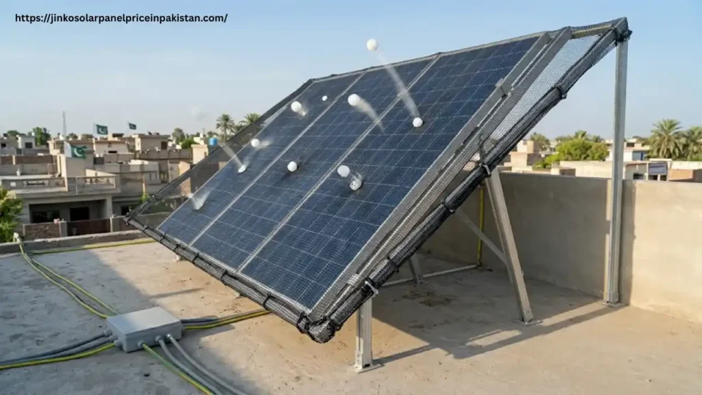 Black HDPE hail netting stretched 1-2 feet above solar panels absorbing Olay hailstone impact like a trampoline on Pakistani rooftop