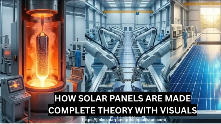 How solar panels are made complete Theory with Visuals 3 Featured image showing three stages of solar panel manufacturing: silicon ingot growth, robotic cell stringing assembly, and finished solar panel with blue anti-reflective coating