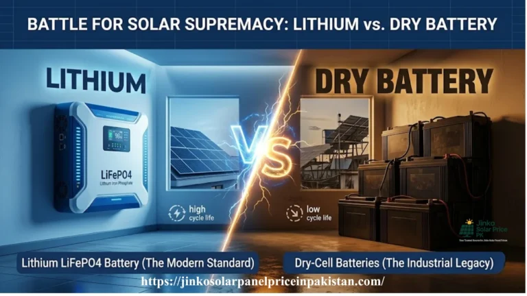 Lithium Battery vs Dry Battery — The Ultimate Solar Battery Guide 2 Dramatic split comparison featured image showing modern sleek lithium LiFePO4 battery on left versus traditional bulky dry batteries on right with VS battle concept for solar systems