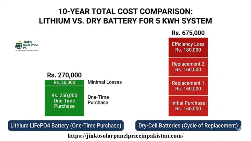Bar chart comparing 10-year total cost of lithium battery approximately 270000 rupees versus dry battery approximately 675000 rupees including replacements and efficiency losses