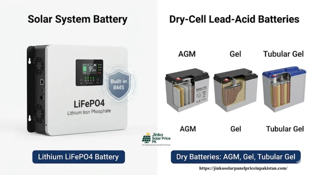 Side-by-side comparison of lithium LiFePO4 battery and three dry battery types — AGM, Gel, and Tubular Gel — for solar systems