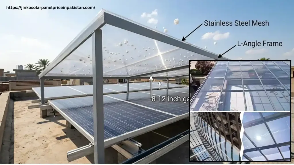 Transparent polycarbonate sheet canopy installed above solar panels on Pakistani rooftop deflecting Olay hailstones while allowing 90 percent sunlight