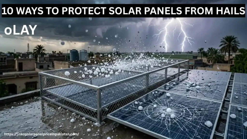 Featured image showing protected vs damaged solar panels during hailstorm in Pakistan with stainless steel mesh shed protecting panels from Olay hailstones