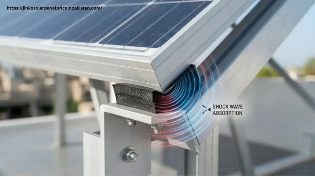 Close-up of black rubber shock absorbing pad installed at solar panel frame corner absorbing Olay impact vibrations