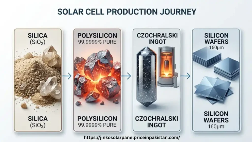 Infographic flowchart showing four stages of silicon processing for solar panels: raw silica sand, purified polysilicon chunks, monocrystalline silicon ingot, and thin square wafers
how solar panels are made
