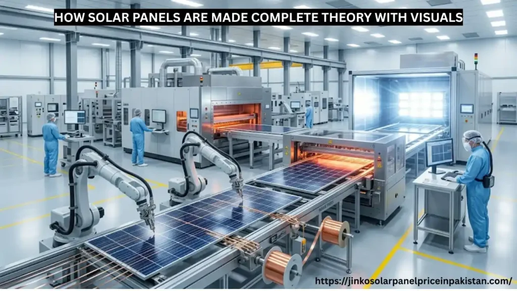 Modern solar panel factory assembly line showing robotic cell stringing, EVA lamination machine, and flash testing station with quality control workers