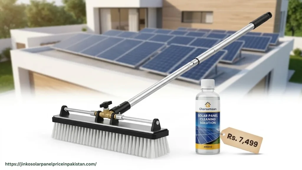 Gharsamaan solar panel cleaning brush with lightweight aluminum handle, gentle nylon bristles, and built-in water control valve — affordable cleaning tool in Pakistan for Rs. 7,499