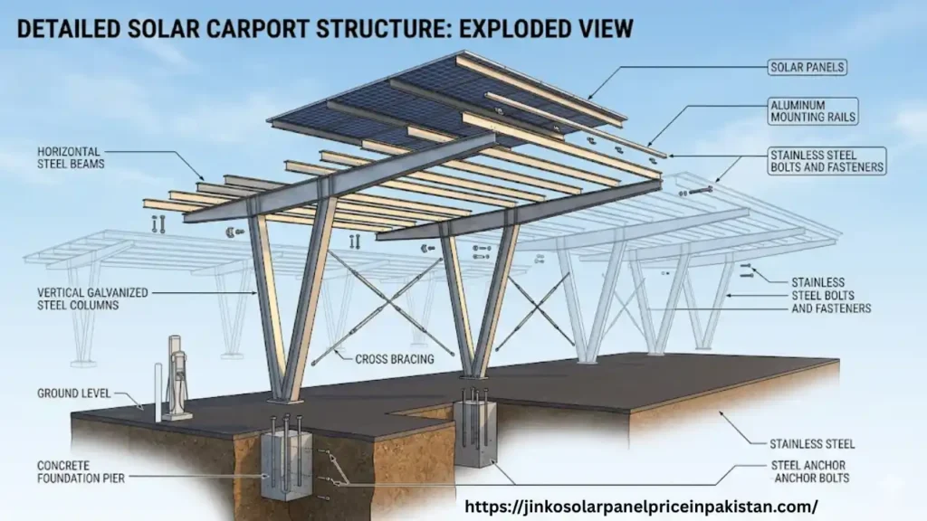 Exploded technical diagram of solar panel elevated structure showing panels, rails, beams, steel columns, bracing, bolts, and concrete foundation with labels