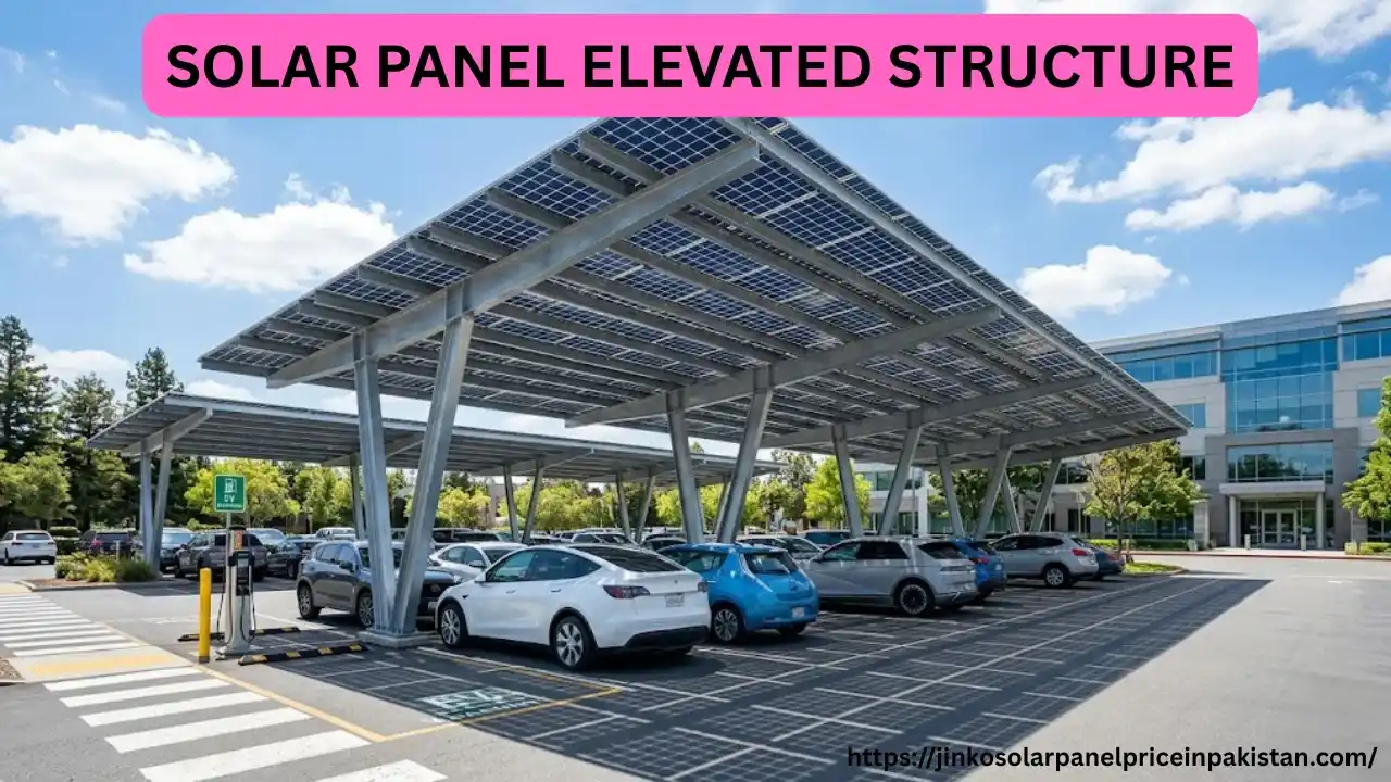 Modern solar panel elevated structure carport with blue solar panels on steel columns above parked electric vehicles under bright sunny sky
