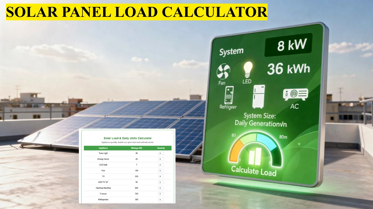 Featured image showing digital solar panel load calculator interface with appliance icons, wattage display, and recommended system size result on a Pakistani rooftop with solar panels in background
