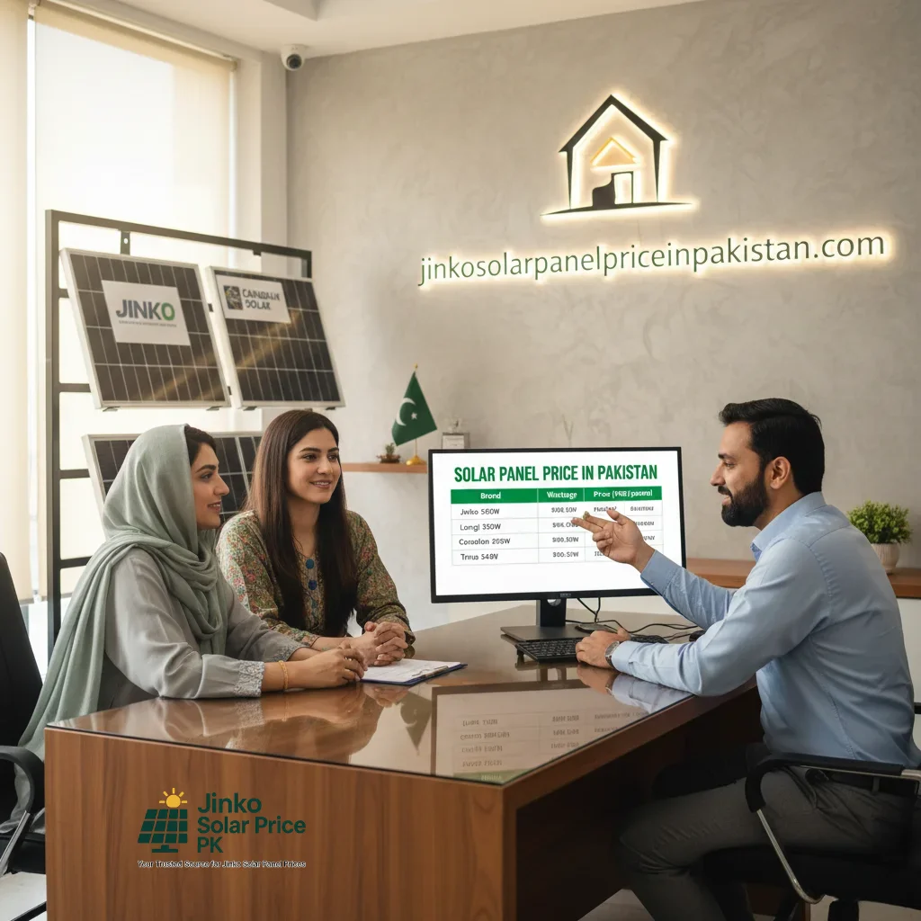 Solar Panel Price in Pakistan – Professional dealer explaining Jinko 585W, Longi 585W, Canadian 585W and Trina 540W prices to couple in modern office with laptop display.