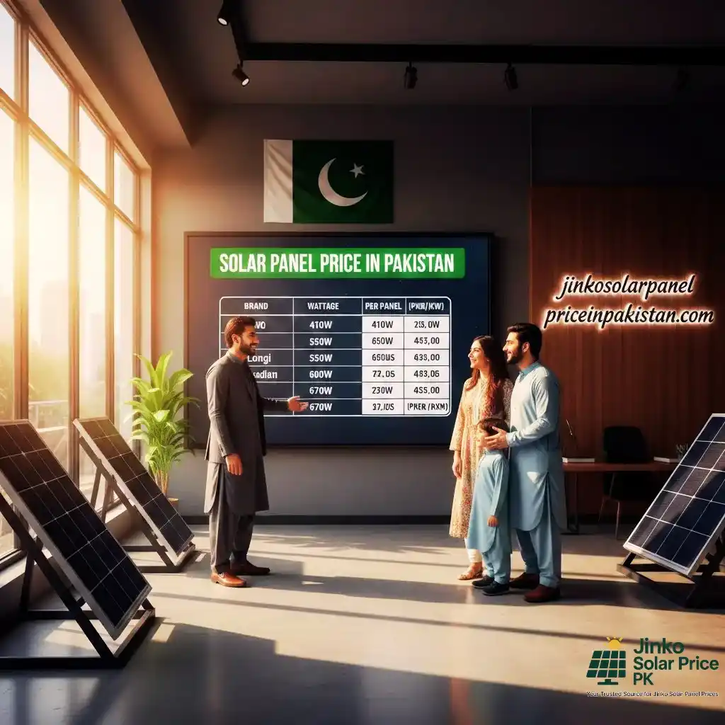Solar Panel Price in Pakistan – Professional dealer explaining Jinko, Longi, Canadian and Trina panel prices to family in modern showroom with digital price display.