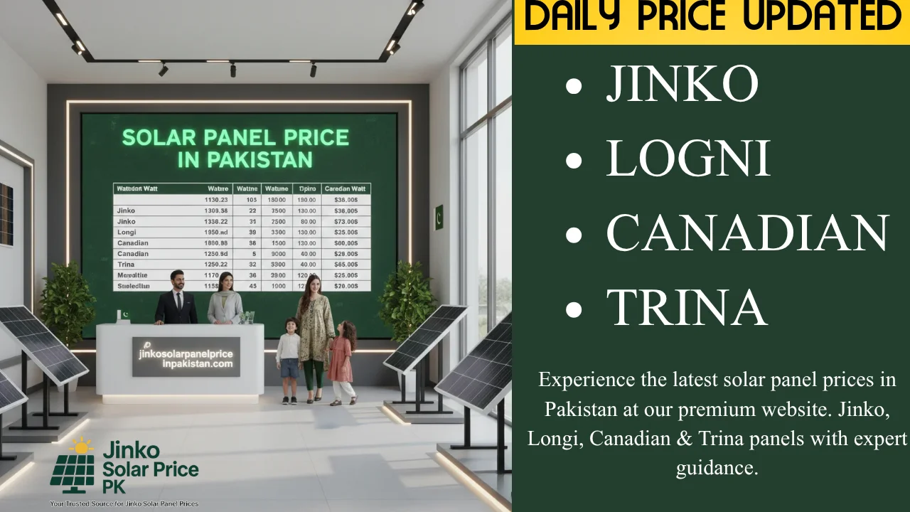 Solar Panel Price in Pakistan – Premium solar showroom with large LED display showing Jinko, Longi, Canadian and Trina panel prices, dealers welcoming family.