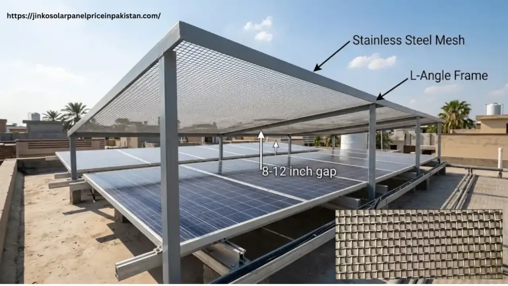 Stainless steel wire mesh shed installed 8-12 inches above rooftop solar panels in Pakistan to protect from Olay hailstones impact