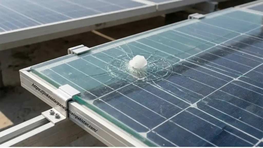 Close-up of extra tempered glass protective layer clipped onto solar panel frame absorbing Olay hailstone impact while original panel remains undamaged