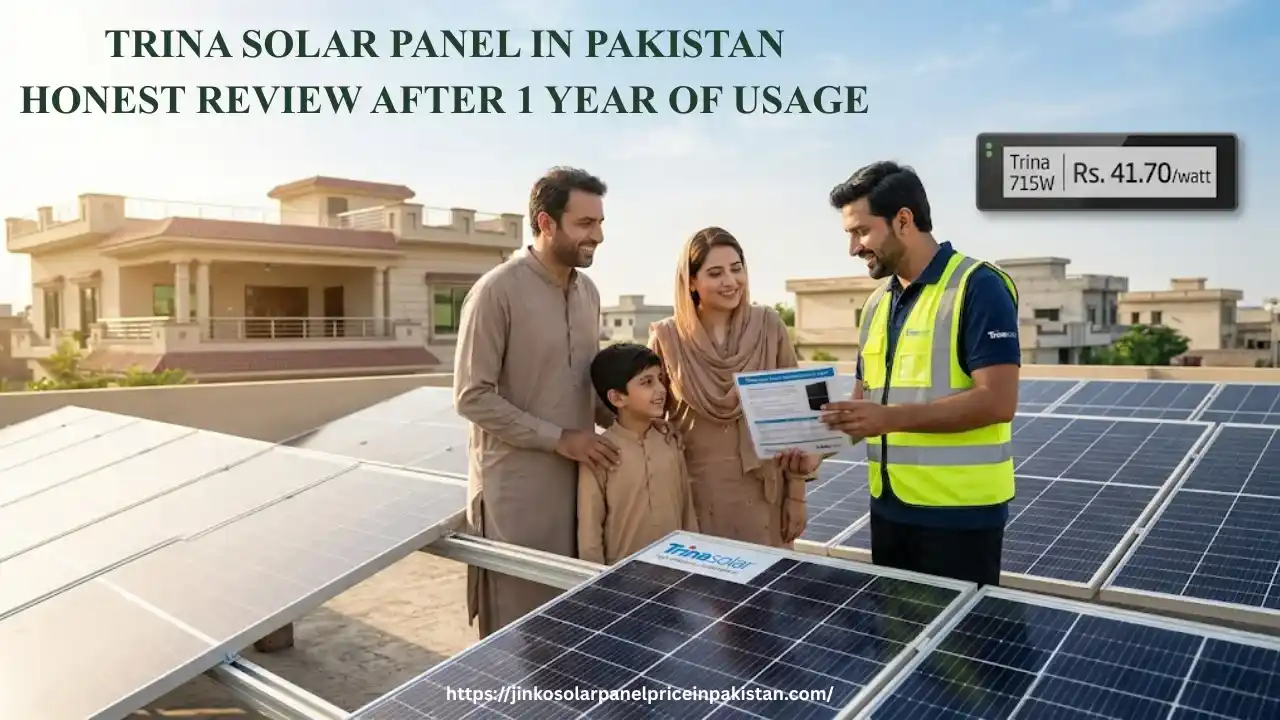 Pakistani family smiling on rooftop with newly installed Trina Vertex solar panels, technician showing specification card, highlighting latest Trina solar panel price in Pakistan May 2026