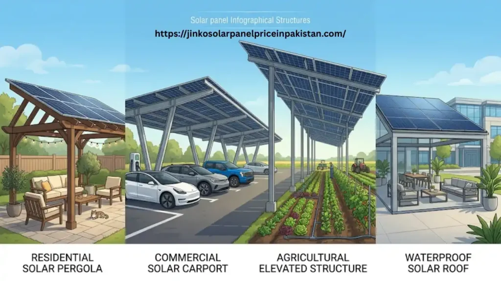 Four types of solar panel elevated structures: residential pergola, commercial carport, agricultural elevated system with crops, and waterproof solar roof canopy