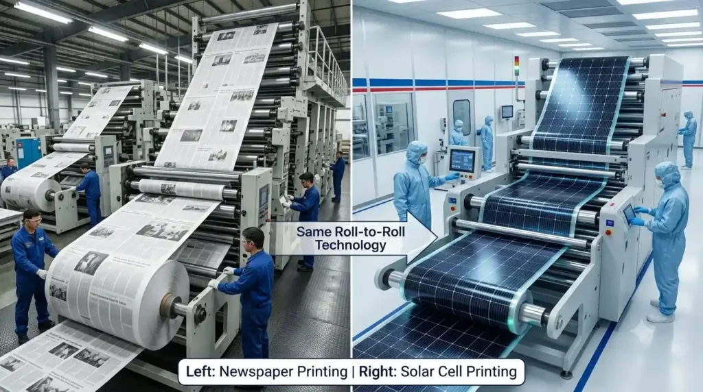 Japan Prints Ultra Thin Solar Cells Like Newspaper for Low-Cost Clean Energy Worldwide 2 Roll to roll printing process comparison between newspaper printing and solar cell manufacturing Japan